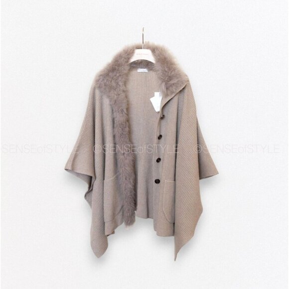 Brunello Cucinelli Sweaters - Brunello Cucinelli Women's Cashmere Poncho Cardigan Sweater Fur Brown size M